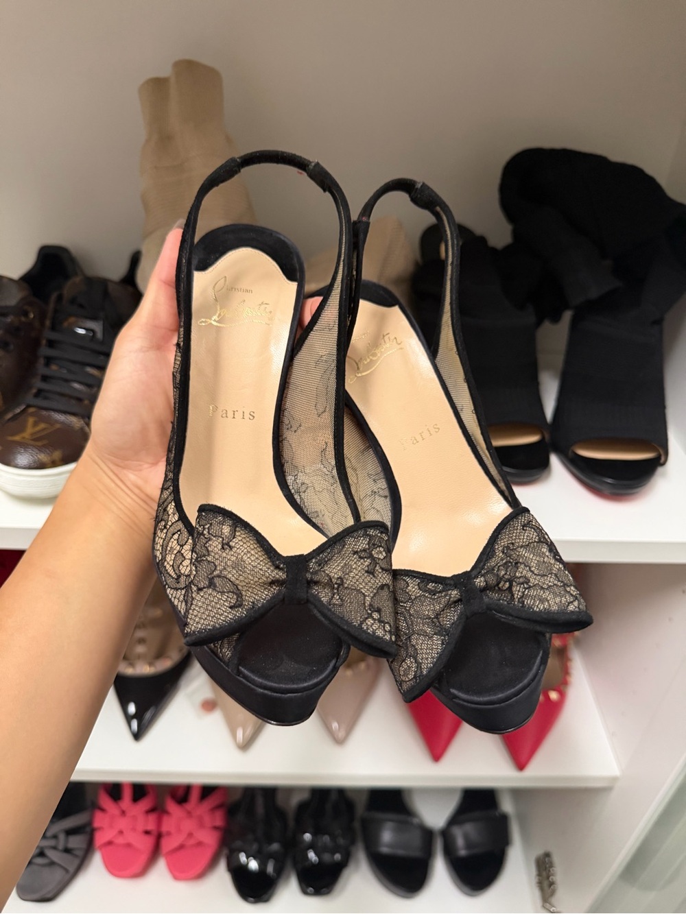 Christian Louboutin Black Lace Bow Slingback Peep Toe Heels